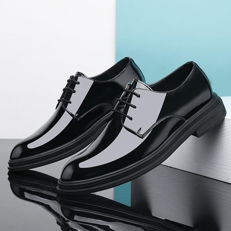 Men's Business Formal Dress Shoes Versatile Black Pointed Toe Bright Casual Leather Shoes Lace-up Low-top Slip Resistant Rubber Oxford Shoes for Men