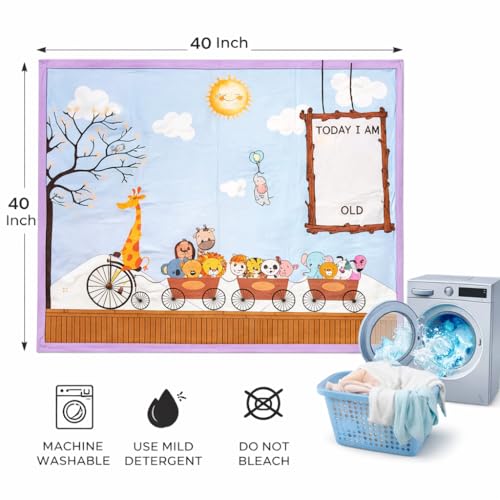 Image of Growth Keepsake Baby Blanket 51 * 43 Inch Monthly Age Marker Blanket Giraffe Train Themed Cartoon Printed Background Washable Foldable Infant Play Mat