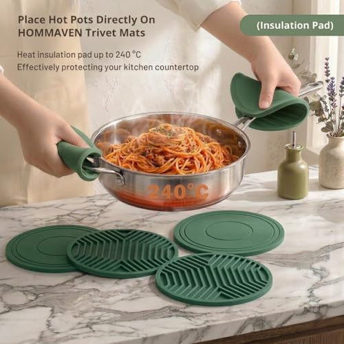 Image of Silicone Trivet Mats, Set of 3 Heat Resistant Mats for Hot Pots & Pans, Mats Dining Table Kitchen, Non-Slip, Non Stick, Coaster, Spoon Holder, Food Grade, BPA Free, 6.5mm Extra Thick, (Green)