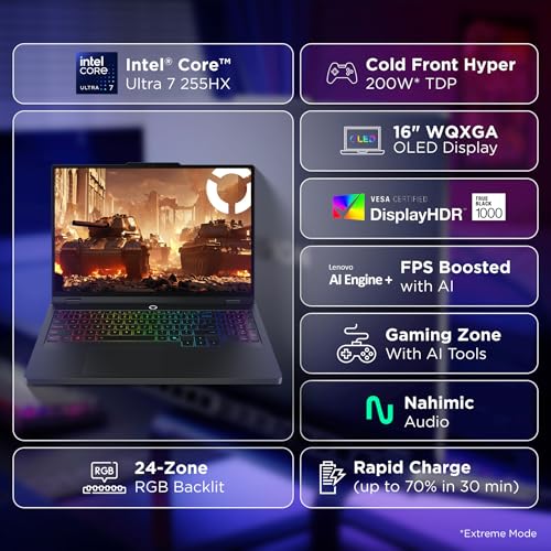 Image of Lenovo Legion Pro 5 2025 Intel Core Ultra 7 255HX | NVIDIA RTX 5070 8GB (32GB RAM /1TB SSD /WQXGA OLED /165Hz /16 (40.6cm) /Windows 11 /Office 2024+AI Now /Black /2.4Kg), 83F3009BIN AI Powered Gaming Laptop