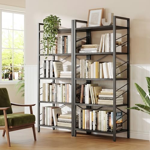Image of DurayLoly 5-Tier Bookshelf, Black Metal Bookshelf for Home Office, Black | Robust Steel Frame, Stable X-bracing Design, Large Capacity
