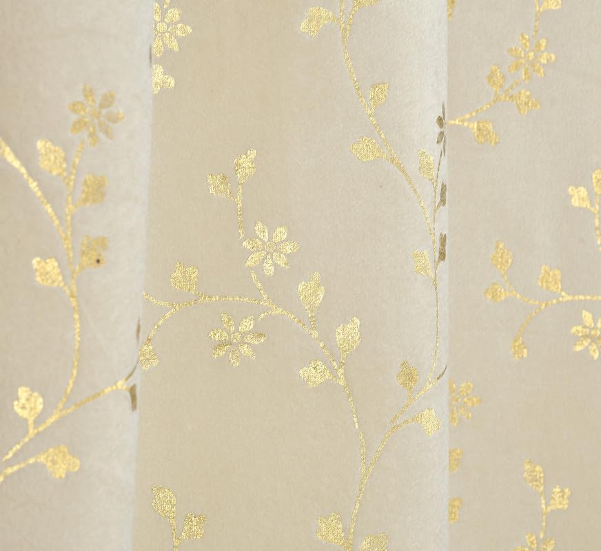 Image of Heavy Velvet Fabric Luxury Looks Room Darkening Floral Designer Curtains 5 Feet for Window, Cream, Pack of 2 Pieces