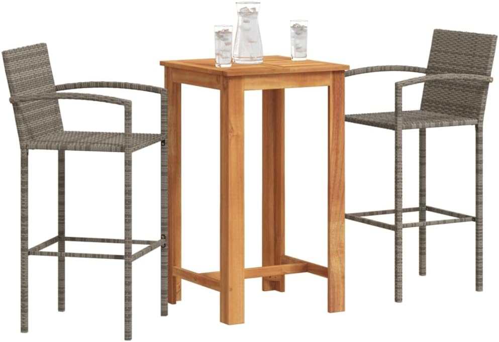 Grey Acacia Wood Garden Bar Set with 2 Stools and Footrests Furniture Set for Outdoor Patio Balcony Dining