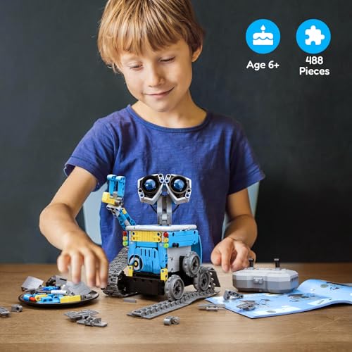 Image of Mibido Robot Building Kit with Remote Control STEM Gifts for Boys Ages 8-13 | Coding Robotic Toys, Birthday Presents for Kids, App-Controlled, Buildable 5in1 Models, Rechargeable Bot Set, 488 Pieces