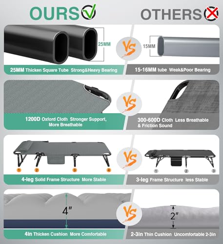 Image of Suteck Folding Camping Cot, Adjustable 5+2 Positions Reclining Portable Outdoor Cot Heavy Duty Sleeping Bed Cots w /Pillow Mat Carry Bag, Chaise Lounge Chair for Home Office Nap Beach Pool Patio Travel