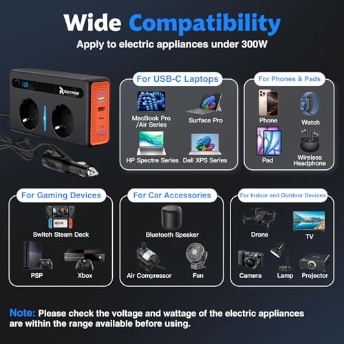 RoyPow Auto Spannungswandler 300W Wechselrichter DC 12V to AC 230V mit 2 Steckdosen und 4 USB Ports Schnelles Aufladen KFZ Ladegerät mit Zigarettenanzünderstecker