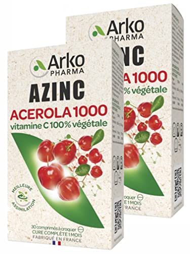 Arkopharma Azinc Acérola 1000 - Vitamine C 100% Végétale - Lot de 2 Boites de 30 Comprimés Cover