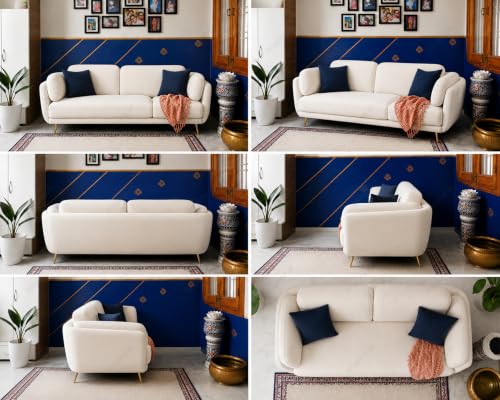 Image of 3 Seater Single Color Sofa, Velvet Fabric (Off-White) | Solid wood structure, premium velvet upholstery, sturdy golden legs, ideal for living room seating.