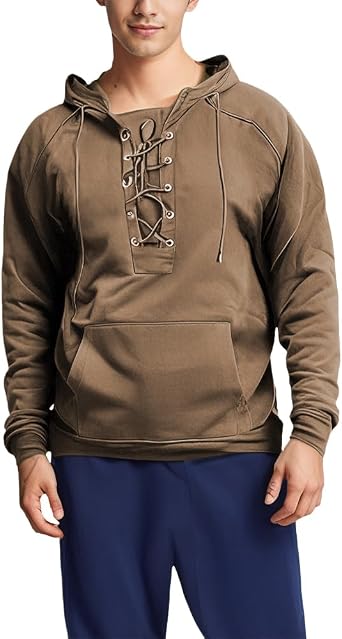 BIVENANT Mens Tactical Sweatshirts Lace Up Aztec Hooded Pullover Long Sleeve Cargo Workout Outdoor Hoodies with Pocket