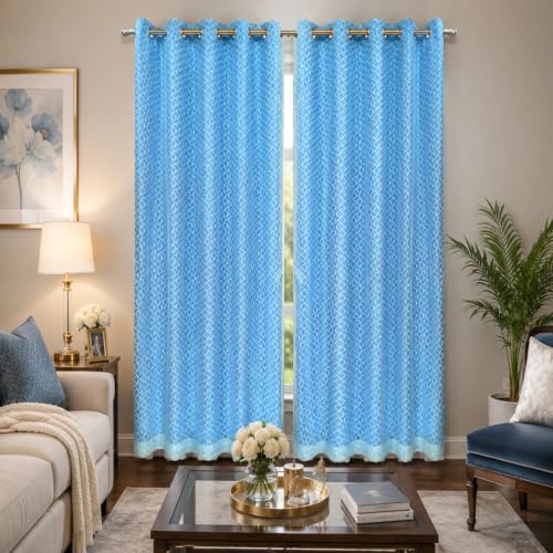Image of Double Curtains 2 in 1 Embroidery Transparent with 80% Blackout Curtain Best for Every Interior Living Room Door Curtain (Sky Blue, 9 feet Set 2)