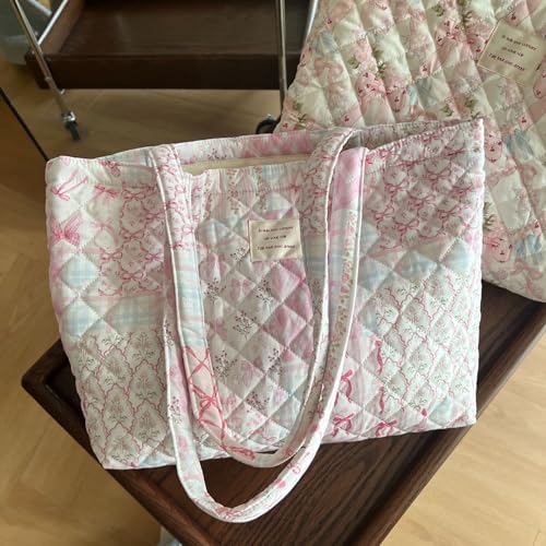 Image of Floral Quilted Cotton Shoulder Bag for Women Medium Size Handbag Large Capacity Thickened Design Tote