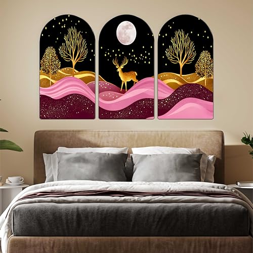 Image of Livin'luxe Deer Wall Art | Set of 3 MDF Panel Paintings | Golden Forest & Moonlight Night Theme Decorative Wall Hanging for Living Room, Bedroom, Office & Home Interiors