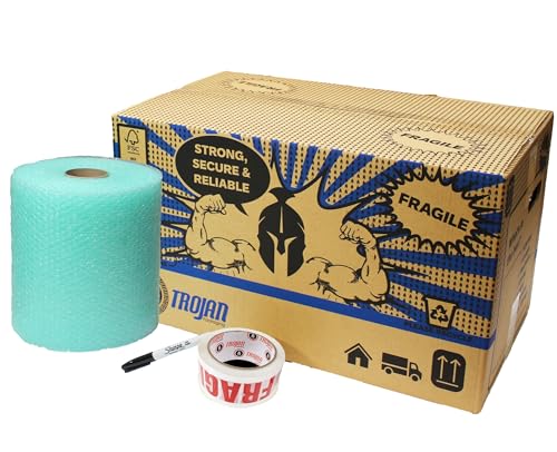 Trojan Home Moving Kit Large - Contains 20 Strong Packing Boxes 51x29x29cm Clear Packaging Tape 25m of Green Bio Bubble Wrap and 1 Sharpie Pen - House Moving Essentials