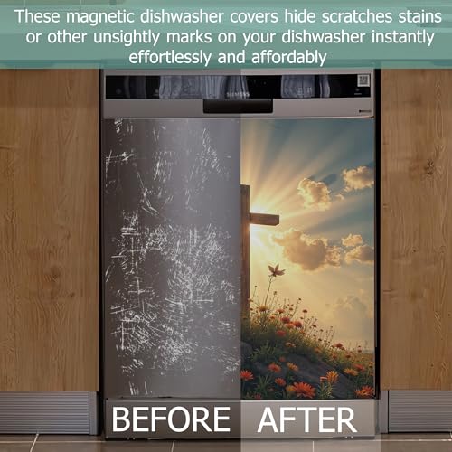Image of Dishwasher Cover,Wooden Cross Reusable Dishwasher Magnet Cover,Decorative Easter Wildflowers Magnetic Refrigerator Cover Front Panel Cover for Kitchen Decor 23x26 Inch