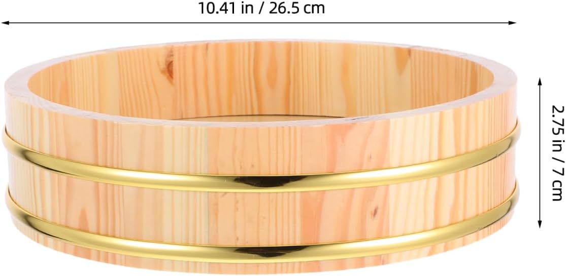 Sushi Rice Mixing Tub 10.43In Traditional Wooden Hangiri Sushi Bowl with Gold Edge for Home Kitchen and Restaurant Use