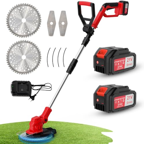 OUTIGO Cortacésped inalámbrico, Desbrozadora Bateria, batería de 2× 21V 4Ah, Cortabordes electrico 3 en 1, Mango telescópico Plegable, desbrozadora de jardín a batería