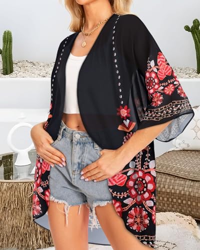 Image of Women Kimono Cardigans Casual Summer Tops Cover up Open Front Floral Print Resort Wear 2026