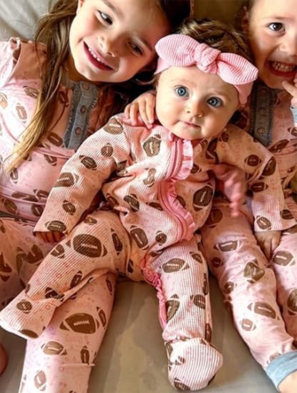 Newborn Baby Girl Football Onesie Outfit Rugby Footie Romper Ruffle Long Sleeve Zip Up Jumpsuit with Headband2