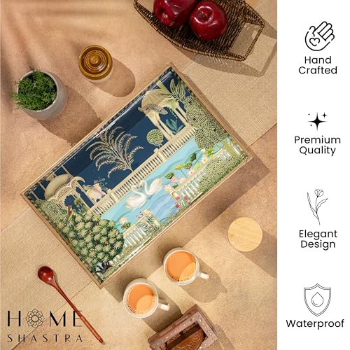 Image of Swan Wooden Serving Tray with Gold Engraving | Pack of 1 | Size : 16 x 10 inch | Enamel Coated Waterproof | Rectangular | Swan Large