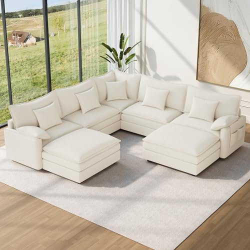Image of Vesgantti 101 inch V-Shaped Corner Couch Sectional, 7 Seat Customizable Modular Cloud Couches with Movable Ottoman, Chenille Deep Seat Sofa Set with Chaise for Living Room, Bedroom and Apartment, White