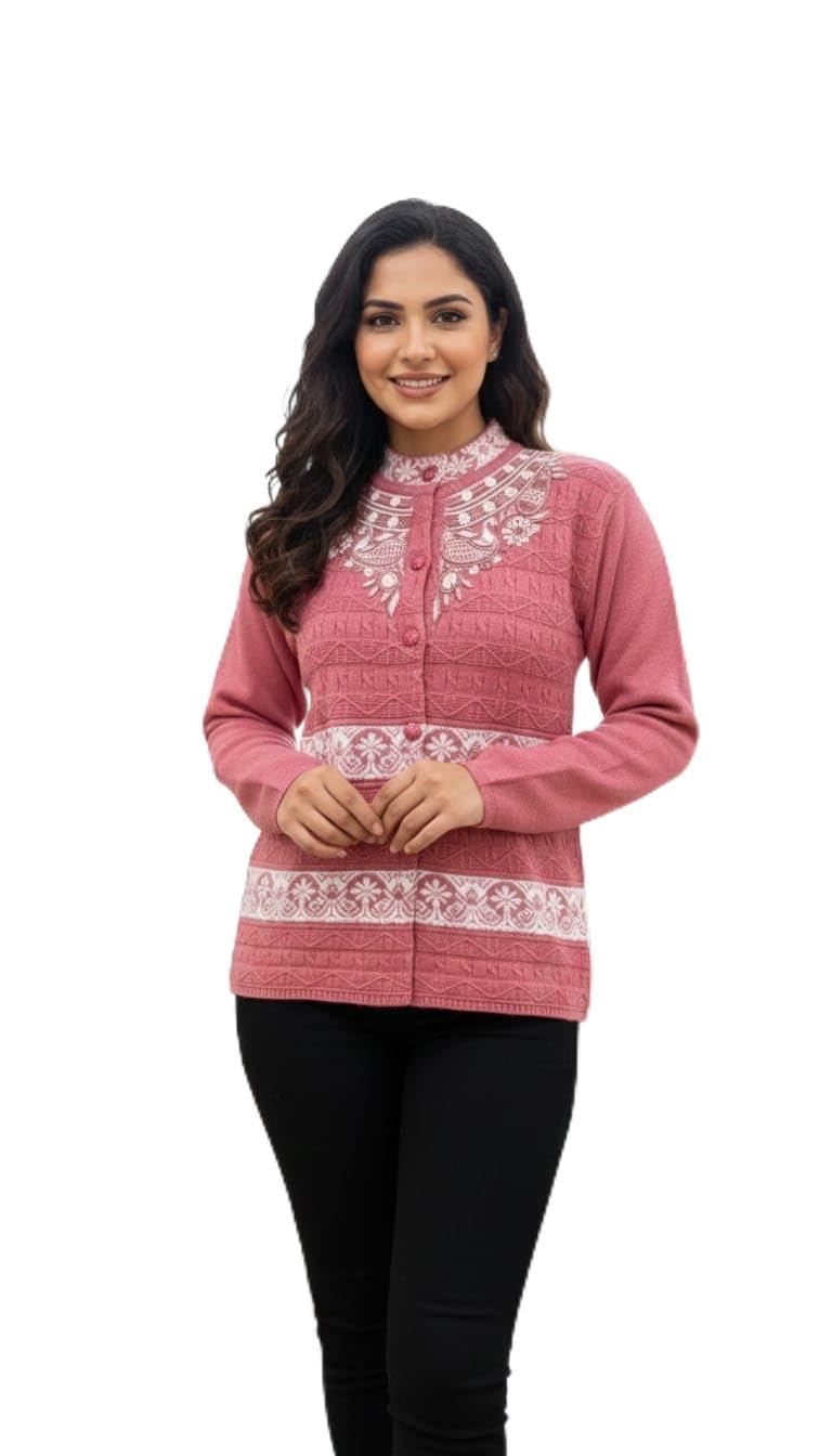 Women's Winter Knitted Cardigan Sweater, Gajri Pink with White Floral Embroidery, Button Front Design, Traditional Pattern (in, Alpha, L, Regular)-image-29