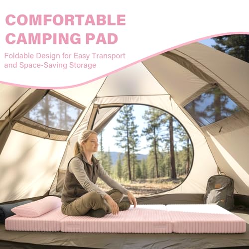Image of Tiita Folding Sofa Bed - 4-Fold Convertible Sleeper Chair with Corduroy Cover and Rectangular Pillow, Floor Sofa Mattress for Adults, Single Size, Pink