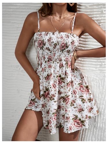 Image of Floerns Women's Boho Floral Print Sleeveless Sundress Ruched Bust Flare Hem Vacation Cami Short Dress