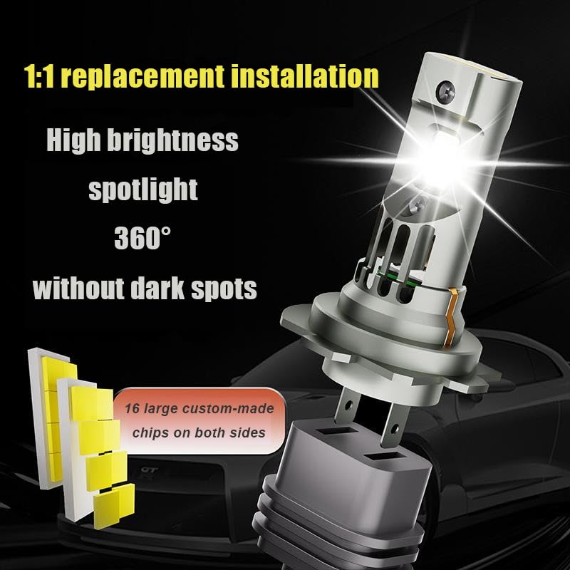 mootogen H7 Light Bulb, High and Low Beam, 1:1 Mini Size Super Bright 24000LM, Car IP68 Waterproof 6500K Cool White with Fan, Plug and Play, Pack of 2