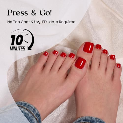 Image of Beetles X Press Red Toenails - Cherry Rouge | Red Short Square Press On Toe Nails | 150 Pcs 15 Sizes Natural Salon Quality Gel Nail Tips For Women