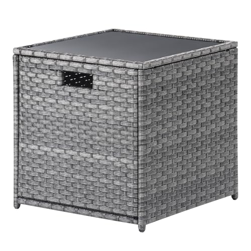 K Knowbody Outdoor Wicker Side Table With Glass Top,Rattan Patio Side Table With Storage,Square Coffee Table,Outdoor End Table For Garden cover