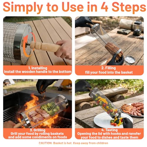 Rolling Grill Basket 2-Pack, Upgraded Rotating BBQ Basket for Outdoor Grill, Larger Capacity 304 Stainless Steel, Easy Clean with Cleaning Brush, Quick Grilling for Veggies, BBQ Accessories by Euvinev - Used condition - Image 4