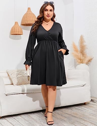 Image of ShopWonder Plus Size Dress Women's V Neck A-Line Knee Length Wrap Swing Dresses Plus Size A Line Party Mini Dress