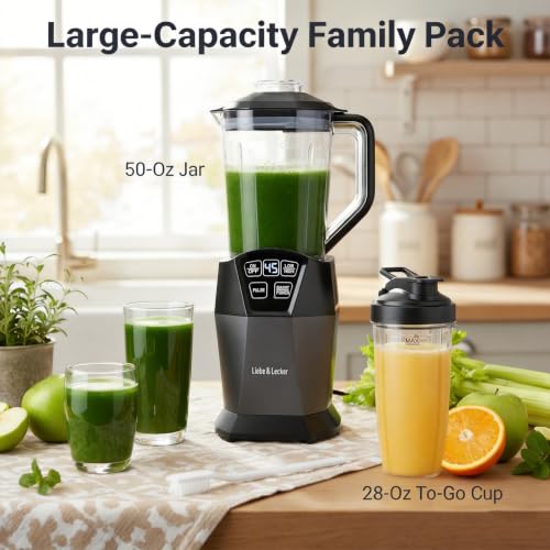 Image of Liebe&Lecker 1200W Smoothie Blender, 50oz blenders for kitchen | Milkshake Maker with 50-Oz Jar, 28-oz To-Go Cups & Spout Lids, or Frozen Drinks, Meal Prep, Zero BPA