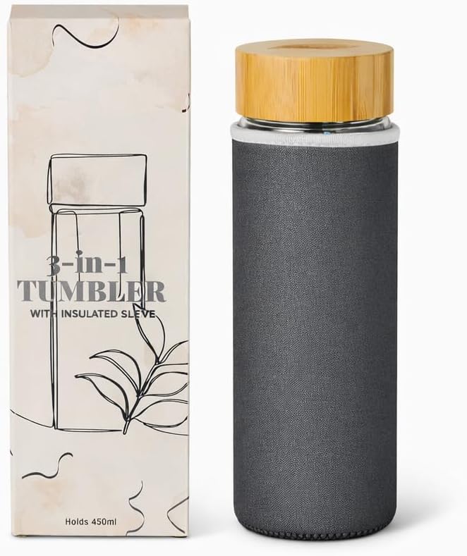 Tease Tea Infuser Tumbler - 3 in 1 Glass Bottle with Bamboo Lid, Tea Accessory, Water Infuser Bottle, Travel Coffee Tumbler (Bluebell)