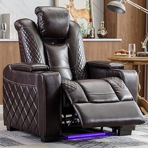 CANMOV Electric Power Recliner Chair with Ambient Lighting, Faux Leather Dual Motor Power Home Theater Seating with Adjustable Headrest, Hidden Arm Storage,Cup Holders,USB Ports (Single,Brown)