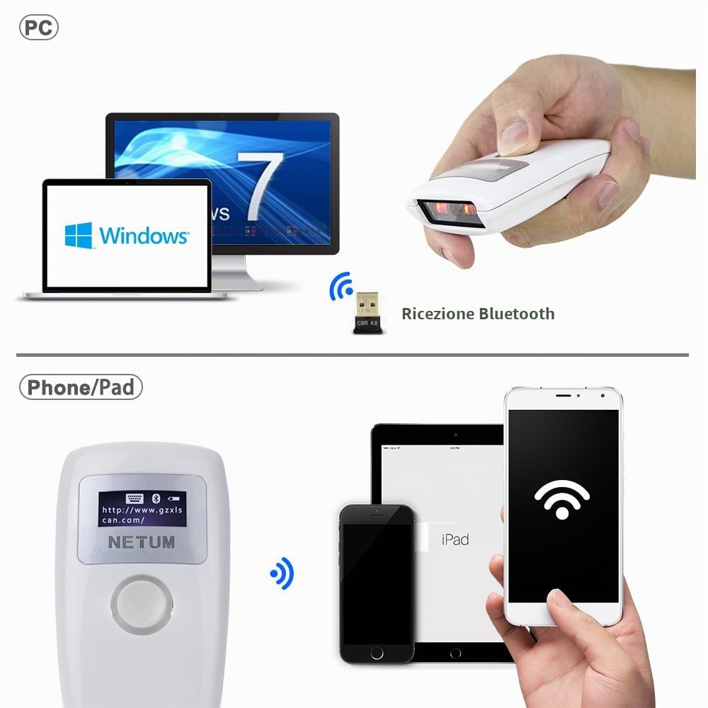 Bluetooth Wireless lettore di codice a barre CCD, NETUM Handheld barcode scanner USB per mobile Payment computer Screen Support Mac OS X, Android, iOS e Windows 10 9 NT-Z3S