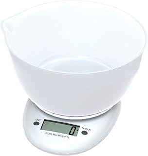 Omega Báscula de cocina con cuenco, 1,5 L, hasta 3 kg, pantalla LCD, color blanco