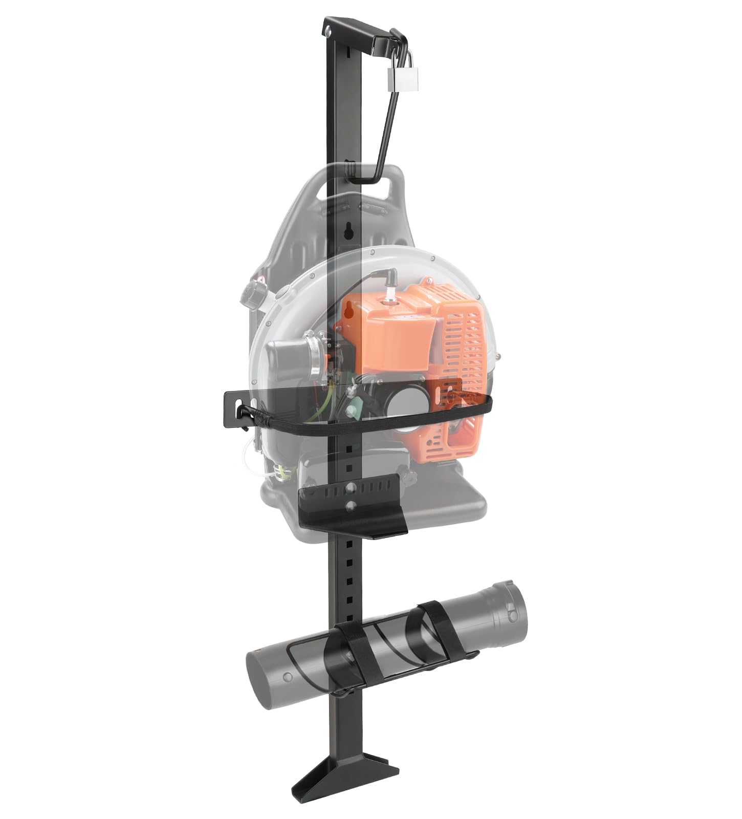 backpack blower rack for trailer, 2mm thick steel storage bracket with adjustable base for 16"-25" blowers, universal fit, lockable, with tube holder & straps for open/enclosed trailers