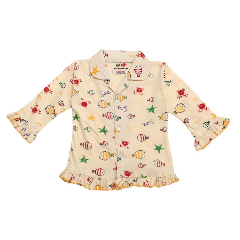 Image of superminis Hosiery Cotton Night Suit with Frill - Full Sleeves, Collared Neck, Sleep Wear for Girls, Kids