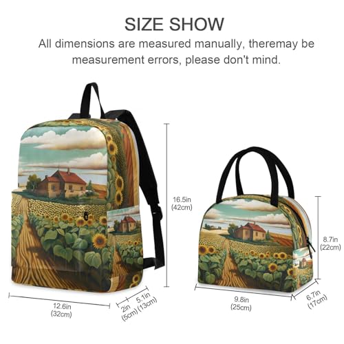 Backpack Lunch Box Set Large Capacity Travel Backpacks and Insulated Lunch Bag for Commute Hiking Picnic Abstract Sunflower Farm Print2