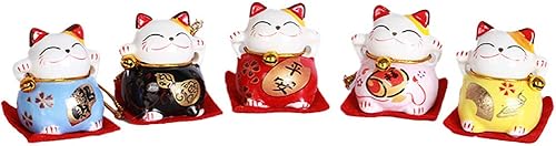 Miniatura 3 de MAOMIA Mini Maneki Neko Lucky Cat Figurines Set de 5 Kawaii Japonés Smiley Waving Vertical Cat con Lucky Fortune Decoración para el hogar