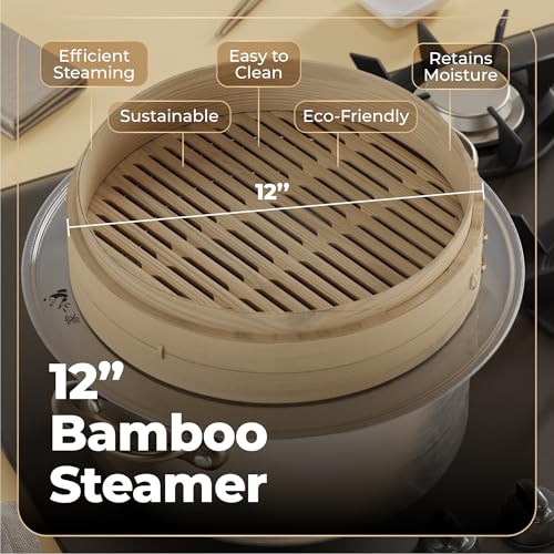 image for Prime Home Direct Bamboo Steamer Basket 12-Inch | 2-Tier Steamer for C