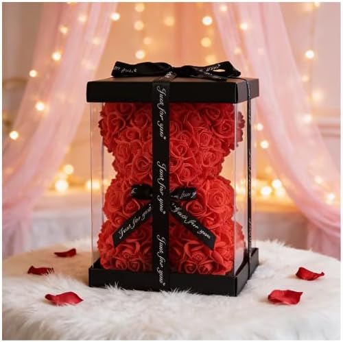 Rose Bear Gift Set with Clear Display Box, Red Foam Rose Teddy Bear, 25cm Romantic Gift for Anniversary, Wedding, Proposal, Valentine's Day, 3 Pieces with Greeting Card