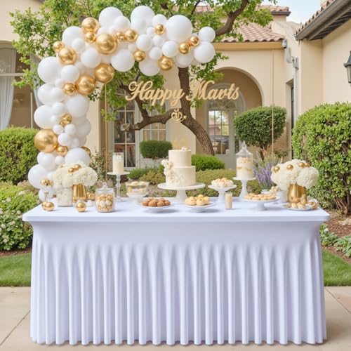 Image of NSSONBEN 8 pk White Spandex Tablecloth 6ft, Wrinkle Free High Stretch Fitted Tablecloths for 6 Foot Rectangle Tables, Elastic Spandex Table Covers 6ft with Pleats Skirt for Party Wedding Banquet
