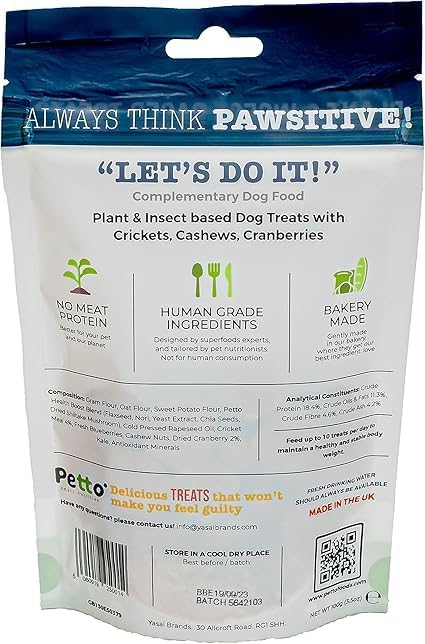 Petto Plant & Insect Based Hypoallergenic Dog Treats 6 x 100g | Healthy & Meat-Free Training Bites | Human Grade & Bakery Made with Crickets, Cashews & Cranberries