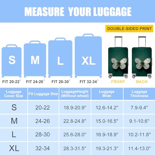 Image of Elegant Green Luggage Cover with White Butterfly Design - Fits 24 to 26 Inch Suitcases - Durable Travel Suitcase Protector,M