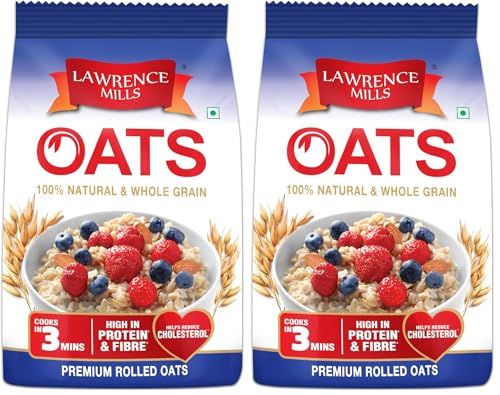 Image of Lawrence Mills Oats 1KG Pouch, 100% Natural & Whole Grain, High Premium Rolled | Instant Oats (Pack of 2)