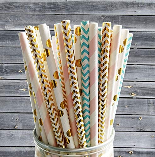 Charmed Peach, Mint Green And Gold Paper Straws Set Of 100 Straws #TOP3