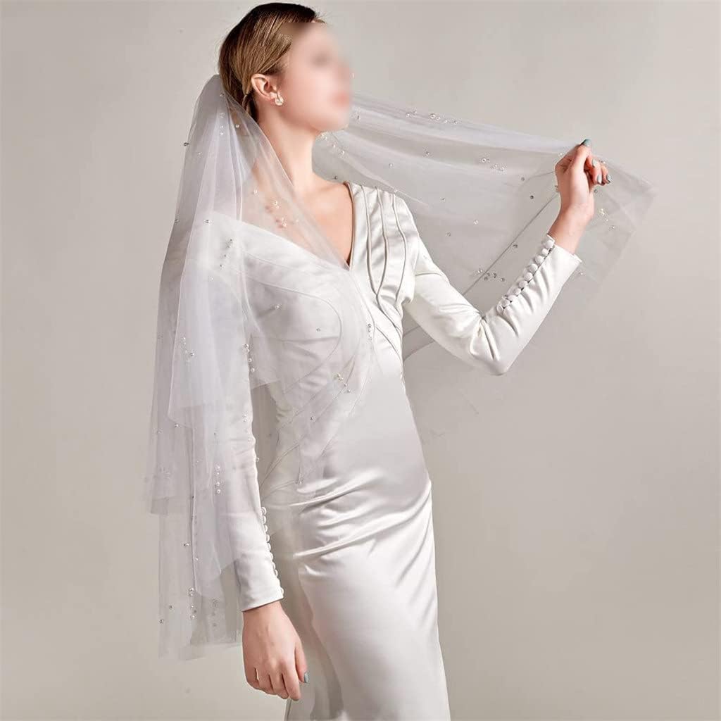 2T Short Pearl Wedding Veil Crystals Beaded Bling Real Picture Bridal Veils(OneColor)