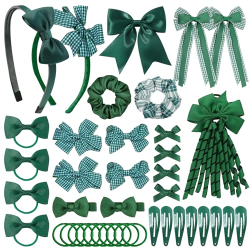 40 Pcs Green Hair Accessories for Girls Green School Hair Accessories 6 Check Bow Hair Clips 2 Headband 15 Clips 16 Bands 1 Ribbon Ponytail Holder Hair Bows Set for Daily Make-up Girls Daily Dress